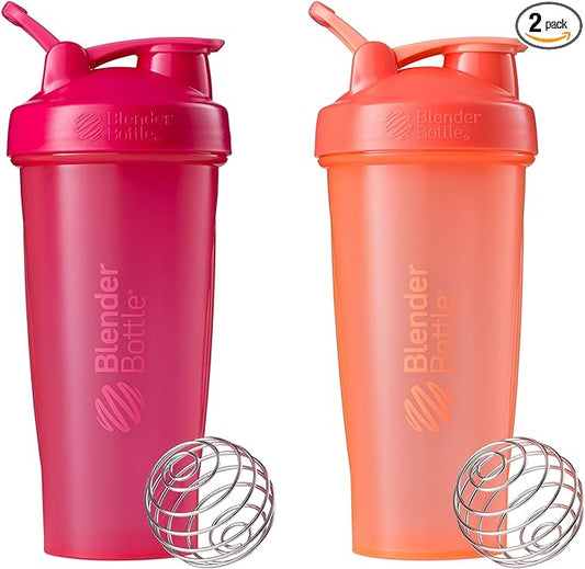 BlenderBottle Classic Shaker Bottle Perfect for Protein Shakes and Pre Workout, All Pink and Coral , 28-Ounce (Pack of 2)