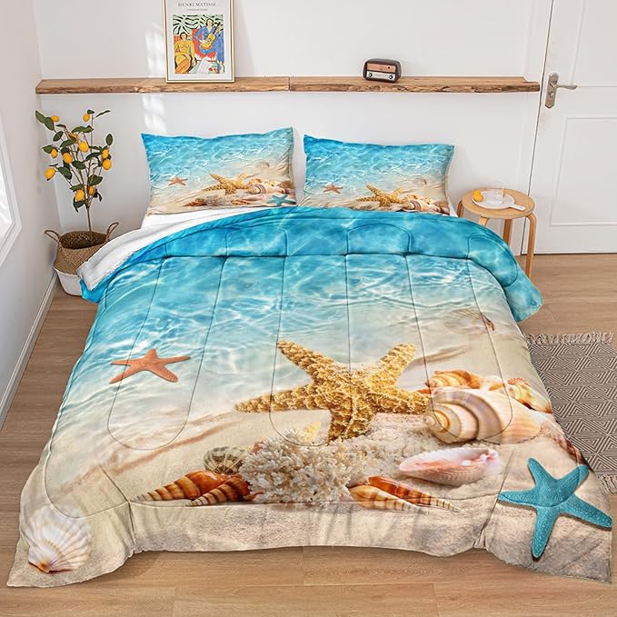 Bedbay Beach Theme Comforter Set King Size Coastal Bedding Set 4 Pcs Starfish Shell Conch Sea Life Printed Ocean Comforter Set King Bedding Set Beach Themed Room Decor (Aqua,King)