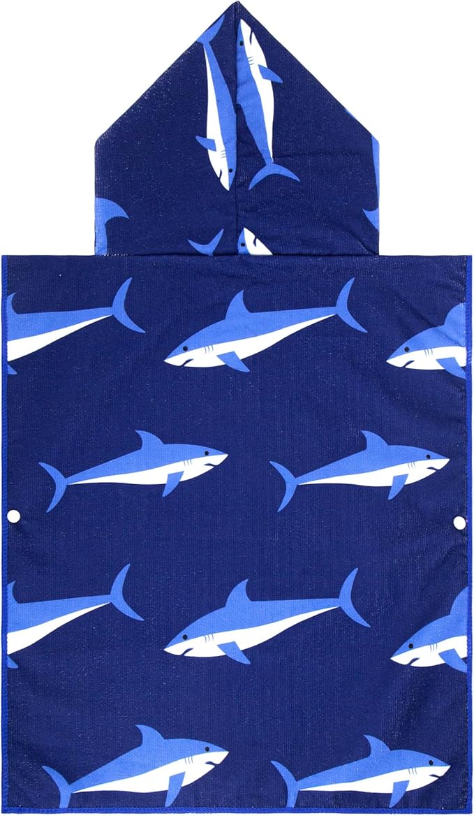 MissShorthair Kids Toddler Poncho Towels, Hooded Beach Towel for Girl&Boy, Surf Poncho Swim Changing Robe Microfiber Bath Towel for 4-6 Years Blue Shark