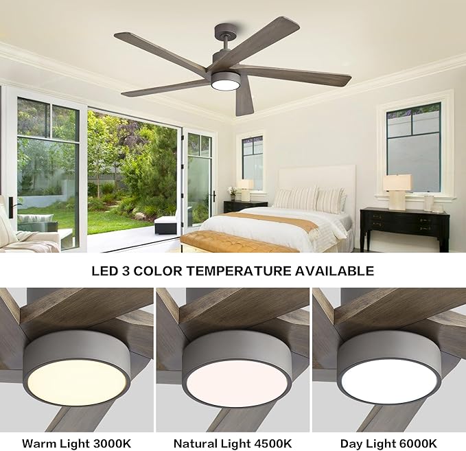 WINGBO 54 Inch DC Ceiling Fan with Lights and Remote Control, 5 Reversible Carved Wood Blades, 6-Speed Noiseless DC Motor, Modern Ceiling Fan in Graphite Finish with Gray Blades, ETL Listed