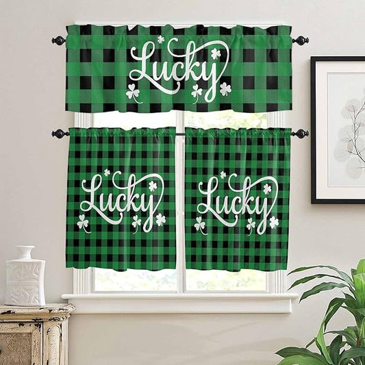 St. Patrick's Day Buffalo Plaid Kitchen Curtains and Valances Set, Lucky Shamrocks Clover Window Tiers Rustic Green Black Half/Short Curtains for Small Windows Cafe /Living Room/ Bedroom 54x 36 in