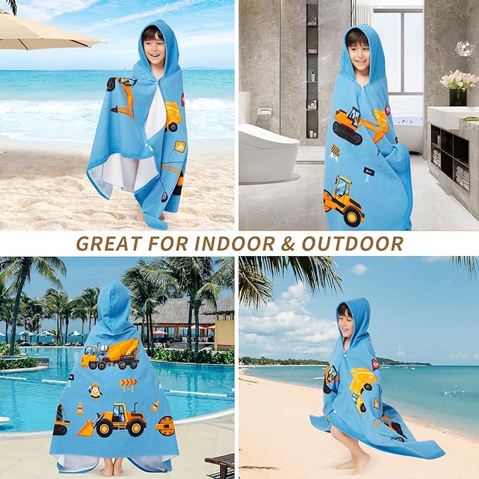 Hooded Towel for Toddlers 2-10 Years Boys Girls Kids Bath Pool Beach Towel Wrap Soft Absorbent Beach Poncho(Construction site)