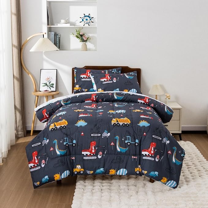 Meeting Story Construction Truck Car Twin Kid Comforter Set for Boys,5 Pieces Dinosaur Bedding Set with Sheets and Pillowcases,Excavator Lightweight Microfiber Bedding Sets(Grey,Twin5pcs)