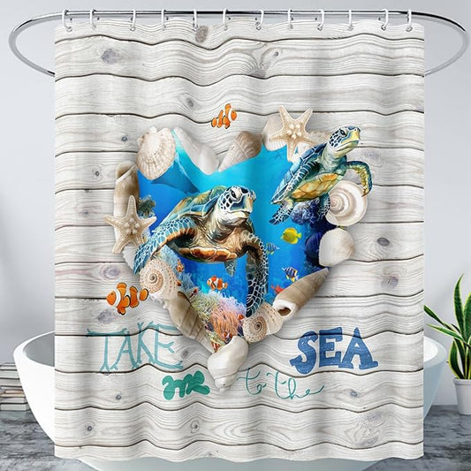AILONEN 3D Printed Sea Turtle Shower Curtain, Ocean Coast Wooden Style Bathroom Curtain,Shell Turtle Bath Curtain,72" W*78" H Polyester Waterproof Bathroom Curtain with 12 Hooks