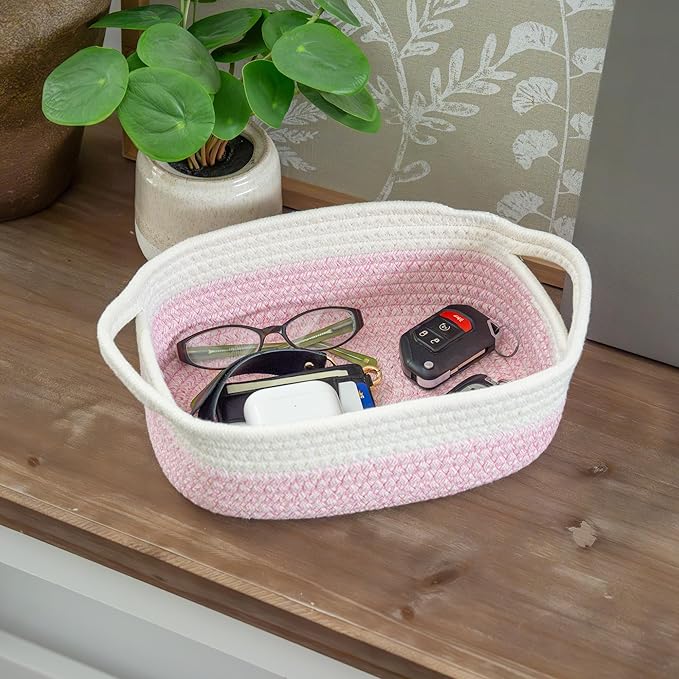 OrganiHaus Set of 5 Rectangle Bathroom Storage Baskets for Organizing, Small Woven Baskets for Storage Basket for Bathroom, Nursery Storage Basket for Baby Nursery Organization, Cute Bins, Pink/White