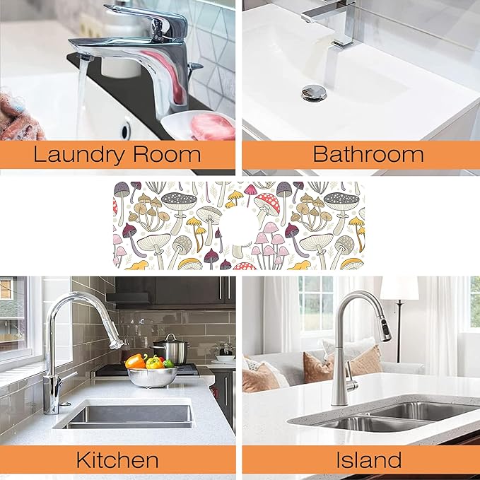 Kitchen Sink Splash Guard Faucet Mat Colorful Mushrooms Sink Splash Guard Behind Faucet,1 PC Soft Diatom Mud Non-Slip Mat-for Kitchen,Sink Mat,Dish Drying Mat,Bathroom Faucet Mat 15.5"X5.5"