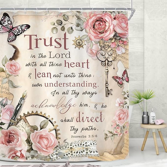 MESHELLY Vintage Pink Christian Shower Curtain 60Wx72H Retro Floral Bible Verse Bathroom Curtain Scripture Bath Curtain Fabric Rustic Flower Butterfly Quotes Bathroom Accessories Decor with 12 Hooks