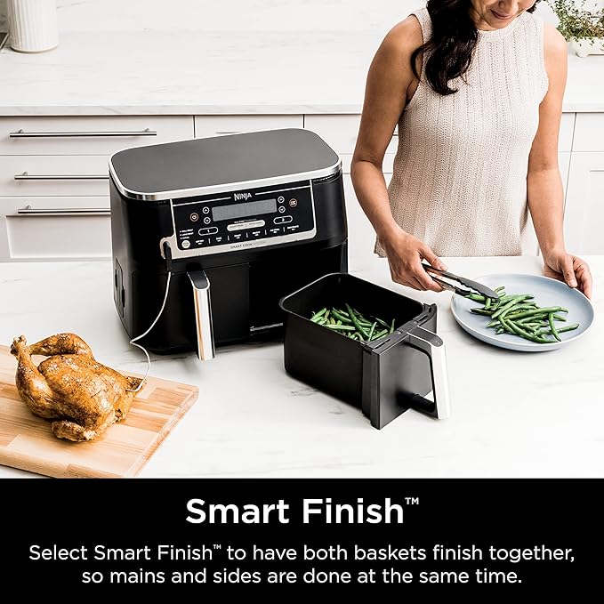 Ninja DZ550 Foodi 10 Quart 6-in-1 DualZone Smart XL Air Fryer with 2 Independent Baskets, Thermometer for Perfect Doneness, Match Cook & Smart Finish to Roast, Dehydrate & More, Grey