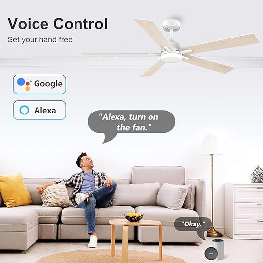 60” Smart Ceiling Fan with Lights Remote,Control via Alexa Google Voice App Wifi,Silent DC Motor,Dimmable,Outdoor Indoor Modern Ceiling Fans for Large Bedroom Patio Porch,White and Wood