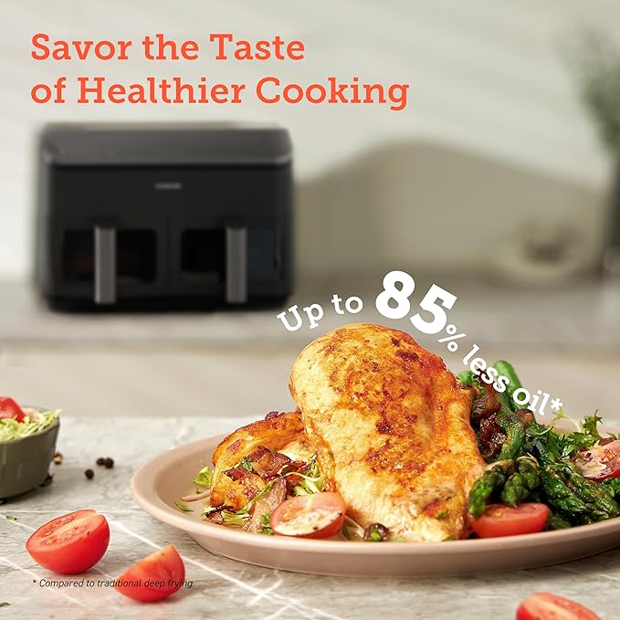 COSORI 9Qt 8-in-1 Dual Air Fryer, Multi-dish Cooking at Once for Family and Couple with Double Baskets, Bake, Roast, Reheat, Broil, Dry & 130 Recipes for Easy and Crispy Meals, Dishwasher Safe