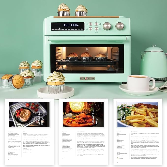 Retro Style Infrared Heating Air Fryer Toaster Oven, Extra Large Countertop Convection Oven 10-in-1 Combo, 6-Slice Toast, Enamel Baking Pan Easy Clean with Recipe Book, Green Color