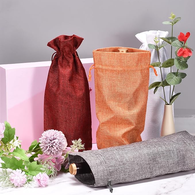 uxcell Burlap Wine Bags with Drawstrings, 12Pcs Wine Gift Bags Reusable Wine Bottle Bags with Ropes and Tags for Wedding, Birthday, Travel (14 x 6.3 In, White)