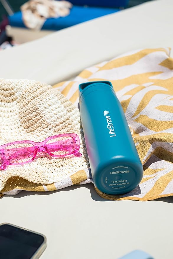 LifeStraw Go Series – Double Wall BPA-Free Vacuum Insulated 18 oz Stainless Steel Water Filter Bottle for travel and everyday use; Laguna Teal