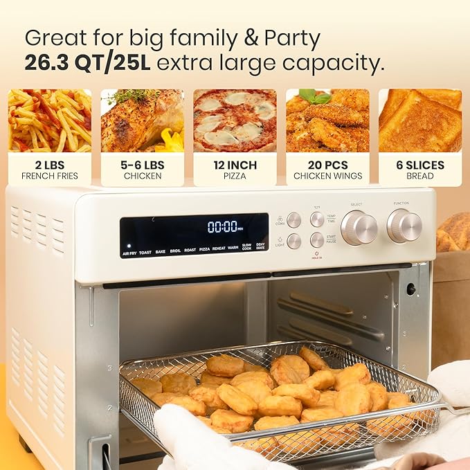 Retro Style Infrared Heating Air Fryer Toaster Oven, Extra Large Countertop Convection Oven 10-in-1 Combo, 6-Slice Toast, Enamel Baking Pan Easy Clean with Recipe Book, Almond Yellow Color