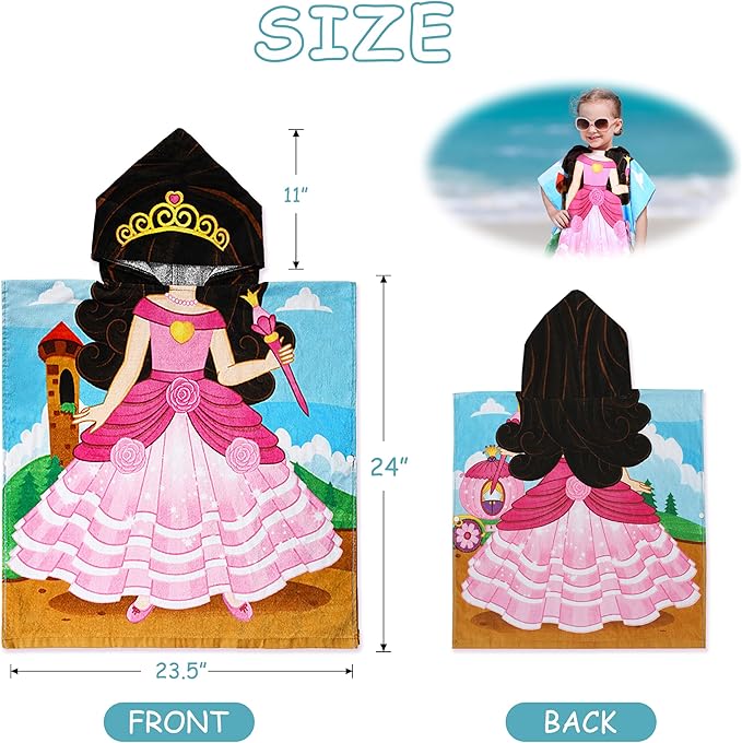 Catalonia Princess Hooded Bath Towel for 2 to 6 Years Girl, 100% Cotton Water Absorption Beach Poncho Swim Changing Robe, Sand Proof