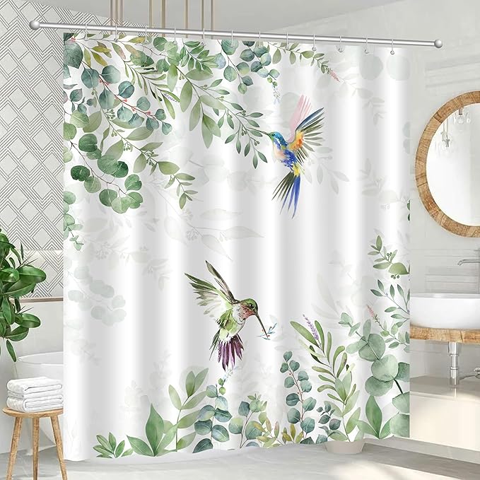 Hummingbird Sage Green Eucalyptus Leaves Shower Curtain, Spring Summer Botanical Floral Bird Home Bathroom Decor, Polyester Cotton Fabric Waterproof Modern Bath Curtain with 12 Hooks 60x72 Inches