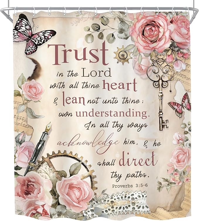 MESHELLY Vintage Pink Christian Shower Curtain 60Wx72H Retro Floral Bible Verse Bathroom Curtain Scripture Bath Curtain Fabric Rustic Flower Butterfly Quotes Bathroom Accessories Decor with 12 Hooks