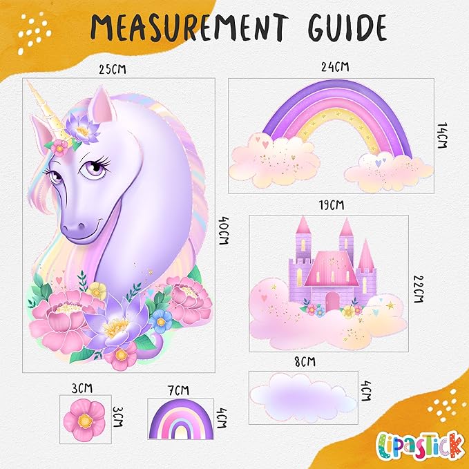 Unicorn Wall Decals Pack of 4 Sheets 125pcs by Lipastick - Rainbow Wall Stickers – Princess Castle with Hearts Clouds Stars Wall Decals Decor for Girls Kids Bedroom Birthday Party Size M Size