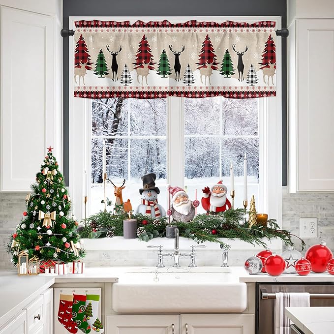 Farmhouse Christmas Kitchen Curtains and Valances Set,Rustic Plaid XMAS Tree Snowflakes Window Treatments Tiers Red Green Black Half/Short Curtains for Small Windows Cafe /Living/ Bedroom 54x24 in