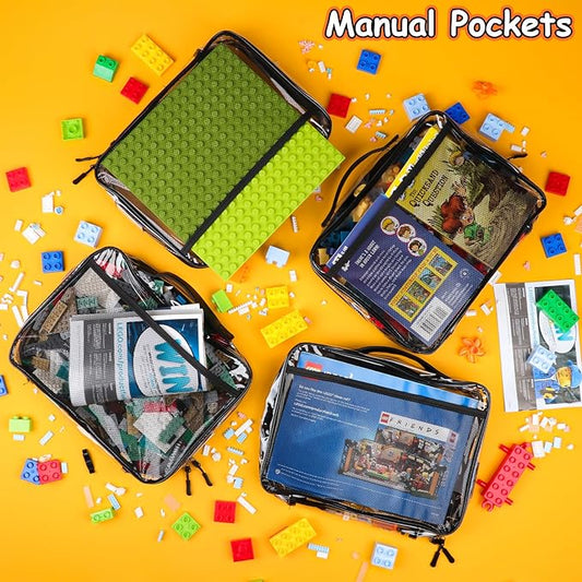 4 Pack Toy Storage Organizer Bag for Lego Bricks, Clear PVC Zippered Block Set with Manual Pocket& Name Tag, Waterproof Toy Carrying Case for Board Games, Building Blocks& Puzzles (Large Black)
