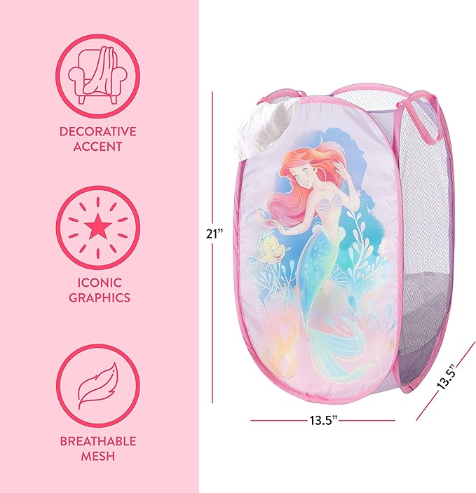 Disney Little Mermaid Ariel Pop Up Hamper with Durable Carry Handles, 21'' H x 13.5'' W X 13.5'' L