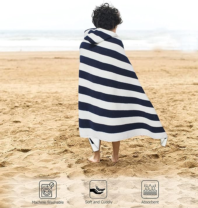 Hooded Bath Towel Wrap - 100% Cotton Terry Large Oversized Hooded Kids Towel - Toddler Shower Pool Beach Towel - Soft Plush Absorbent Quick Dry Easy Care Gift - 30x60- Cabana Stripe Blue