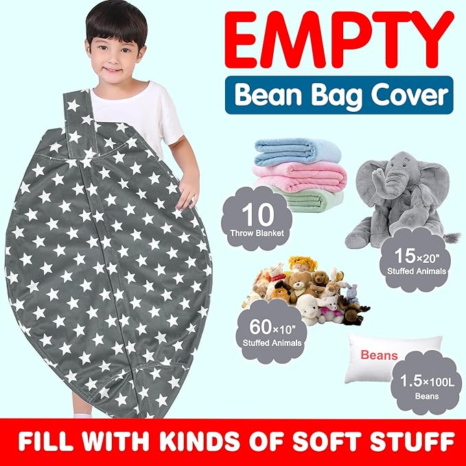 Lukeight Stuffed Animal Storage Bean Bag Chair Cover for Kids, Zipper Beanbag Chair Cover for Organizing Toddler & Kids' Rooms Plush Toys (Stars Gray Velvet, Large)