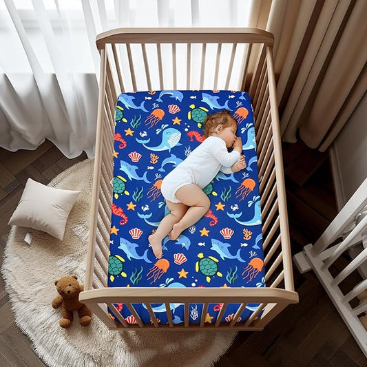 JISEN Baby Crib Sheets Soft Breathable Fitted Crib Sheets Baby Sheet for Standard Crib and Toddler Mattress Baby Bed Sheets for Crib for Baby Boys Girls Neutral 52x28 Inch Whales