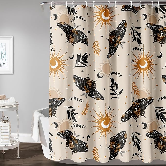 AILONEN Moth Shower Curtain,Sun and Moon Death Moth Bath Curtain for Bathroom Decor,Polyester Waterproof with 12 Plastic Hooks 72" W*96" H