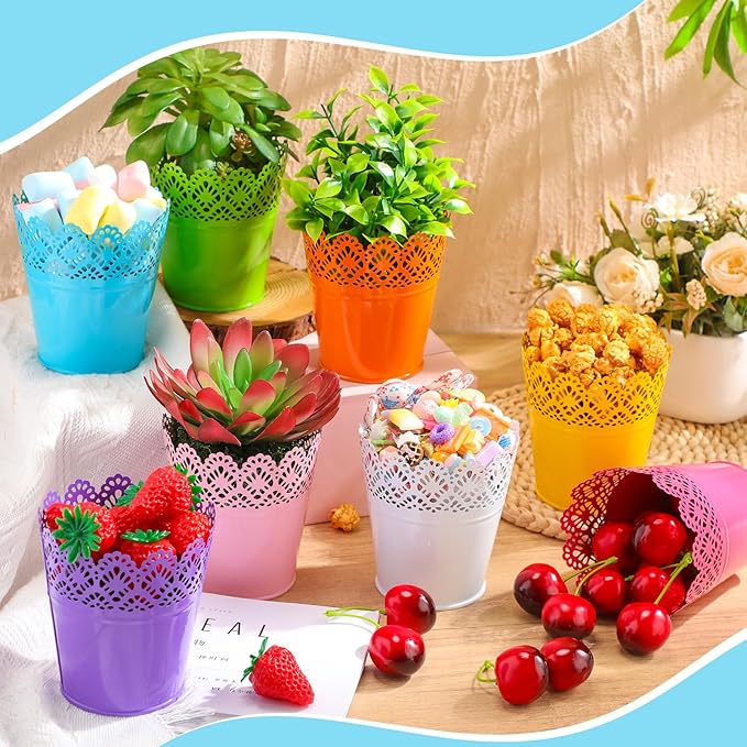 Therwen 24 Pieces Small Metal Buckets with Handle Colored Galvanized Bucket Round Metal Pail for Kids Classroom Candy Crafts,Utensils, Vase Party Favor(4.13 Inch,Hollow Lace)