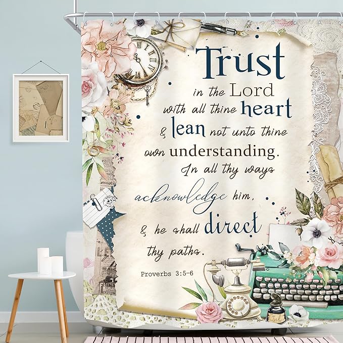 MESHELLY Vintage Christian Shower Curtain 60Wx72H Retro Floral Bible Verse Rustic Farmhouse Pink Flower Quotes Bathroom Curtain Scriptures Bath Curtain Fabric Bathroom Accessories Decor with 12 Hooks