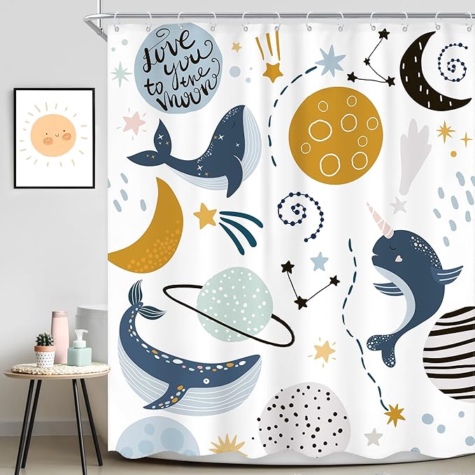 Kids Boys Whale Shower Curtain Space Ocean Cartoon Planet Cute Ocean Sea Animal Universe Galaxy Moon Stars Cool Cosmos Bathroom Set 60Wx72L Inch Bath Curtain Bathtub Accessories Home Decor