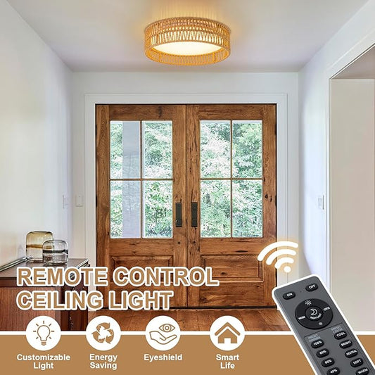 SineRise 12" Flush Mount Ceiling Light,25W LED Rattan Ceiling Light Fixture,Dimmable Handmade Boho Light Fixtures with Rattan,Farmhouse Lighting Fixtures Ceiling for Hallway Kitchen Bedroom(Gold)