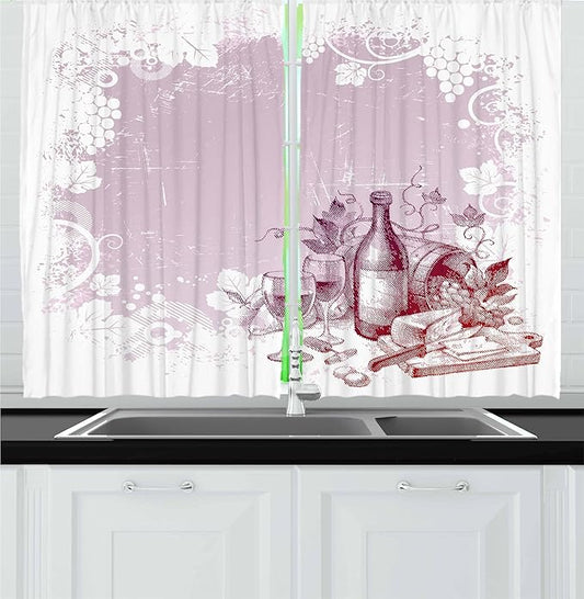 Ambesonne Wine Kitchen Curtains, Grunge Abstract Frame Bunch of Grapes Leaves Country Drinks Food Picnic Concept, Window Drapes 2 Panel Set for Kitchen Cafe Decor, 55" x 24", Lilac White