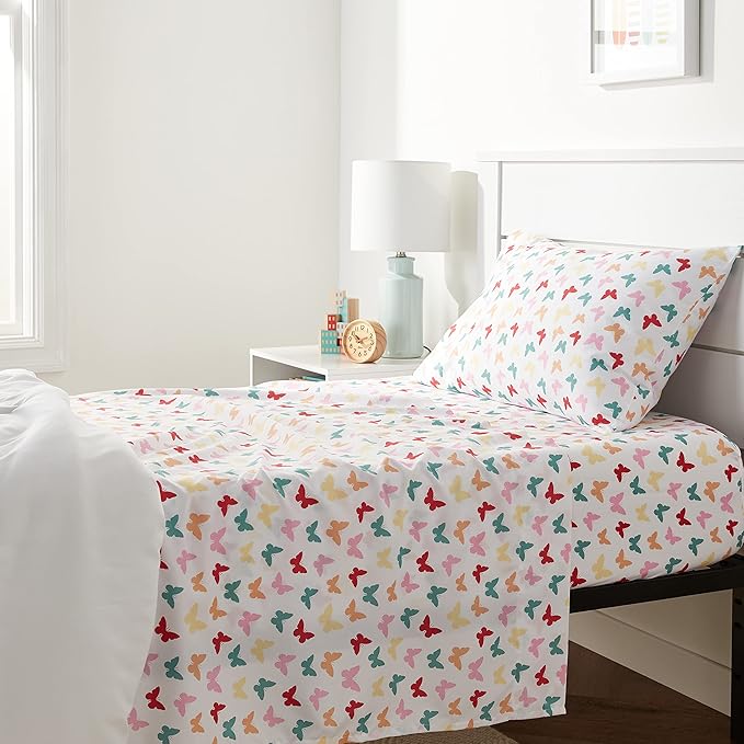 Amazon Basics Kid's Soft Easy-Wash Lightweight Microfiber 3-Piece Sheet Set, Toddler, Multi Colour, Butterflies
