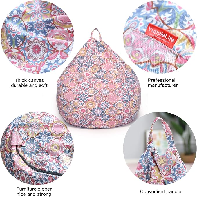 YuppieLife Kids Storage Bean Bag Cover(No Filling) Toy Organizer|Carrying Handle Sofa|Available for Kids and Teenager|Cuddle Chair|Machine Washable and Durable(38“,Pink Flowers)