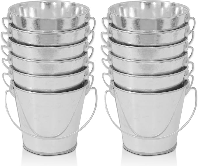 Small Metal Buckets with Handle 12 Pcs – Galvanized Bucket Leak Proof & Rust Resistant 8 fl oz Capacity - Best for Party Décor, Organizing & Decorating Classrooms (Mini 3.3" Top, Silver)