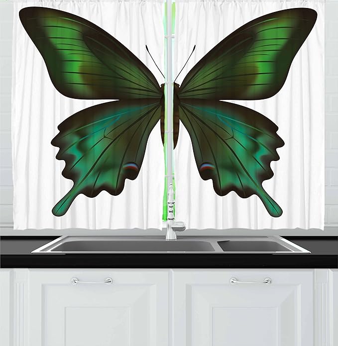 Ambesonne Swallowtail Butterfly Kitchen Curtains, Realistic Exotic Wildlife Creature in Green Tones, Window Drapes 2 Panel Set for Kitchen Cafe Decor, 55" x 36", Olive Green