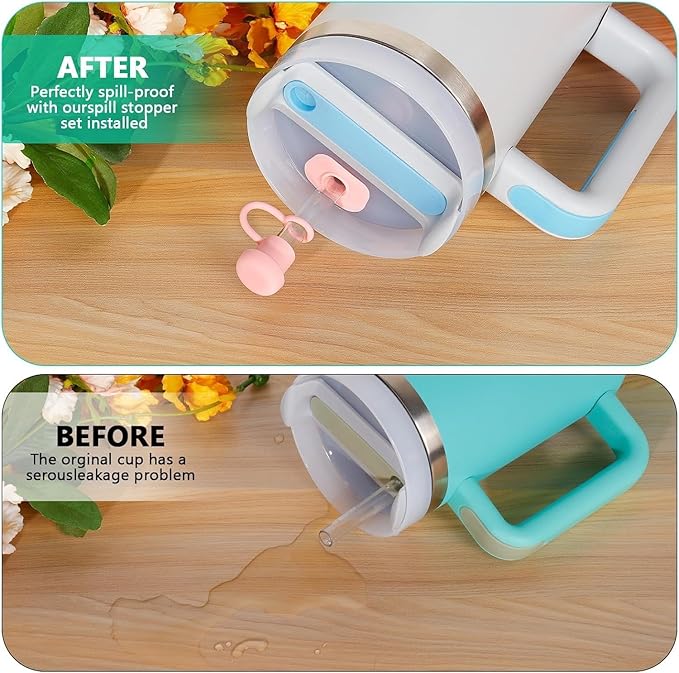 Silicone Spill Stopper Set of 3, Compatible with Stanley Cup 2.0 40oz/30oz, Proof Stopper For Stanley,Tumbler Accessorie, Including 2 Straw Cover Caps, 2 Square Spill Stoppers, Round Leak (pink)