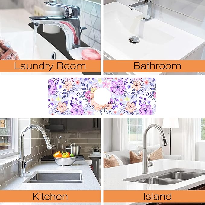 Kitchen Sink Splash Guard Faucet Mat Beautiful Meadow Flowers Sink Splash Guard Behind Faucet,1 PC Soft Diatom Mud Non-Slip Mat-for Kitchen,Dish Drying Mat,Bathroom Faucet Mat 15.5""X5.5""