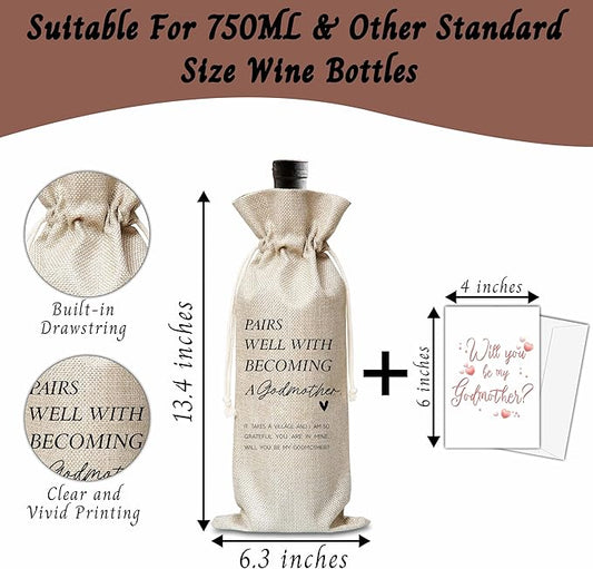 Xanev Godmother Wine Gift Bag For Women, Godmother Proposal Gifts, Pairs Well With Becoming Godmother Wine Bag, Baptism Gifts For Godmother From Godchild, Birthday Wine Party Favors Decor, B04