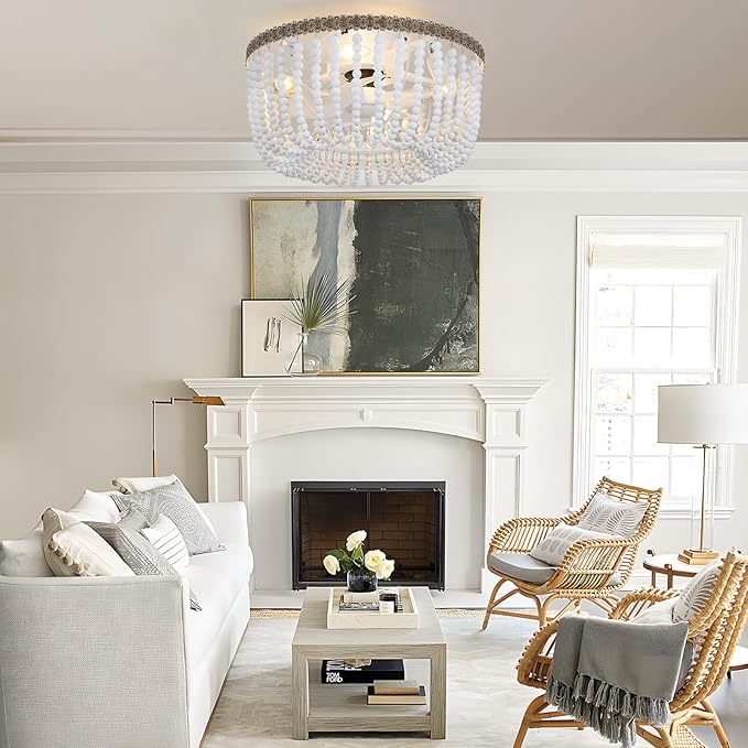 Boho Wood Beads Ceiling Fan with Light & Remote, 18" Coastal Fandelier Ceiling Fan with Light,Flush Mount Caged Ceiling Fan with 6 Speeds, Bohemian Fandelier Chandelier Fan for Bedroom/Kitchen/Nursery