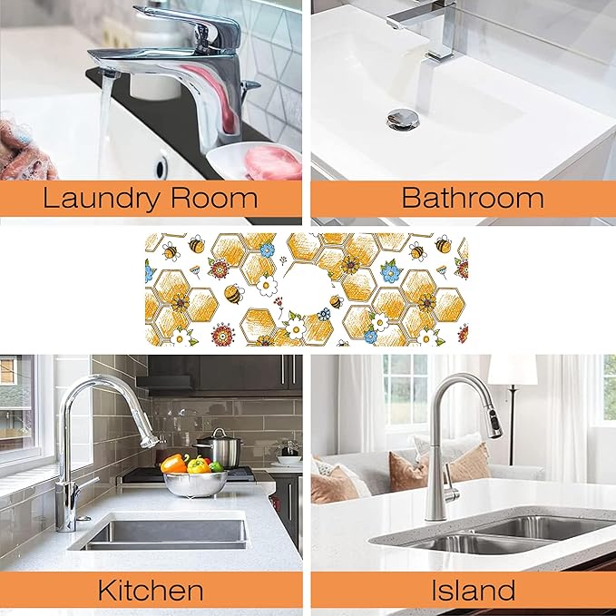 Kitchen Sink Splash Guard Faucet Mat Cute Bees and Honeycomb Sink Splash Guard Behind Faucet,1 PC Soft Diatom Mud Non-Slip Mat-for Kitchen,Dish Drying Mat,Bathroom Faucet Mat 15.5""X5.5""