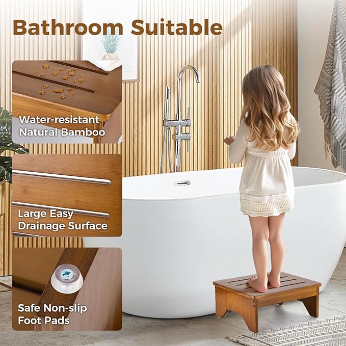 StrongTek Bamboo Step Stool for Adults, Bedside Step for High Beds, 300 Lbs Capacity, Non-Slip Bed Foot Stool with Rounded Edges, Small One Step Stool for Bathroom, Bedroom, Garden, Kitchen (Walnut)