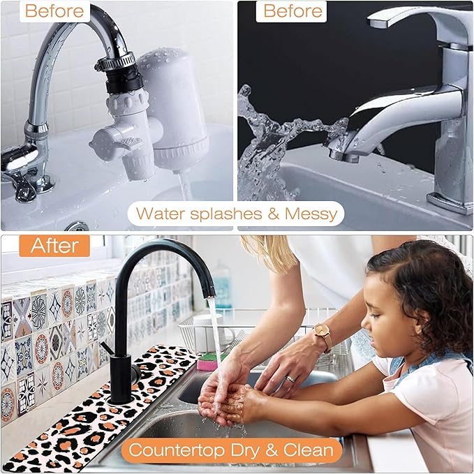 Kitchen Sink Splash Guard Faucet Mat Leopard Rosettes Sink Splash Guard Behind Faucet,1 PC Soft Diatom Mud Non-Slip Mat -for Kitchen,Sink Mat,Dish Drying Mat,Bathroom Faucet Mat 23.5"X5.5"