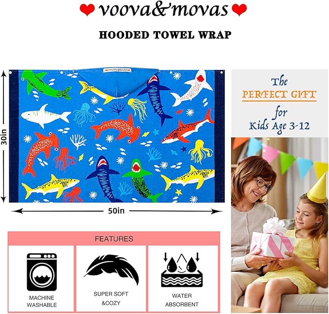 VOOVA & MOVAS Hooded Towel for Toddlers 3-10 Years,Soft | Thick | Cotton | Absorbent | Large Beach | Pool | Bath | Swim Towels | Cover up for Boys, Shark Fish