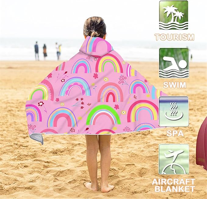 Rainbow Hooded Beach Towel for Kids Girls, Cute Unicorn Bath Towel with Hood, Pink Magic Rainbow Microfiber Super Absorbent Soft Poncho Bathrobe for Swin Pool 30”x50”