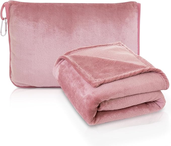 ATsense Travel Blanket Pillow, Premium 2 in 1 Soft Airplane Blanket Compact with Bag Pillowcase for Long Trips, Flying and Car, Travel Essentials for Women with Hand Luggage Sleeve and Backpack Clip