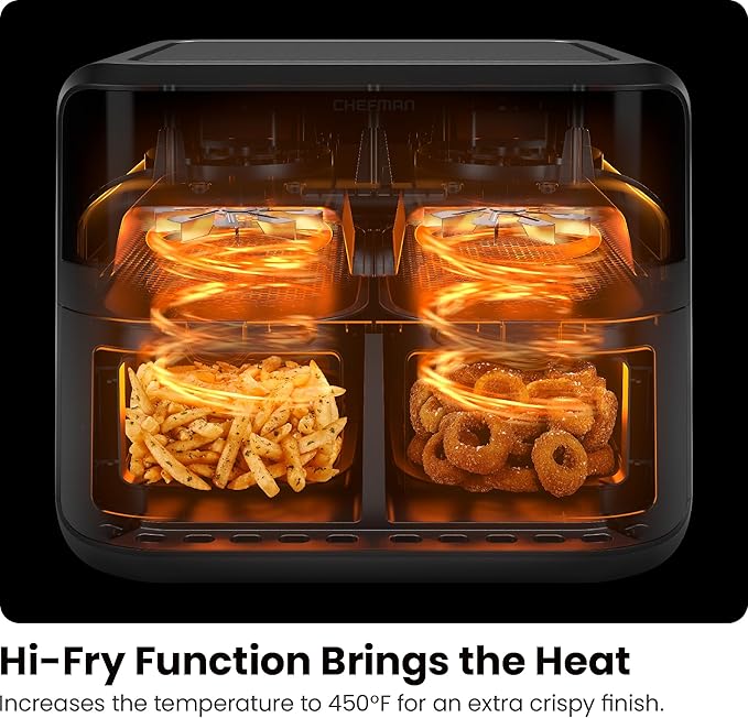 Chefman 6 Quart Dual Basket Air Fryer - Digital Touchscreen, Smart Sync Finish, Hi-Fry, Auto Shutoff, 2 Independent 3QT Nonstick Dishwasher-Safe Frying Baskets - Digital Double Air Fryer - Black