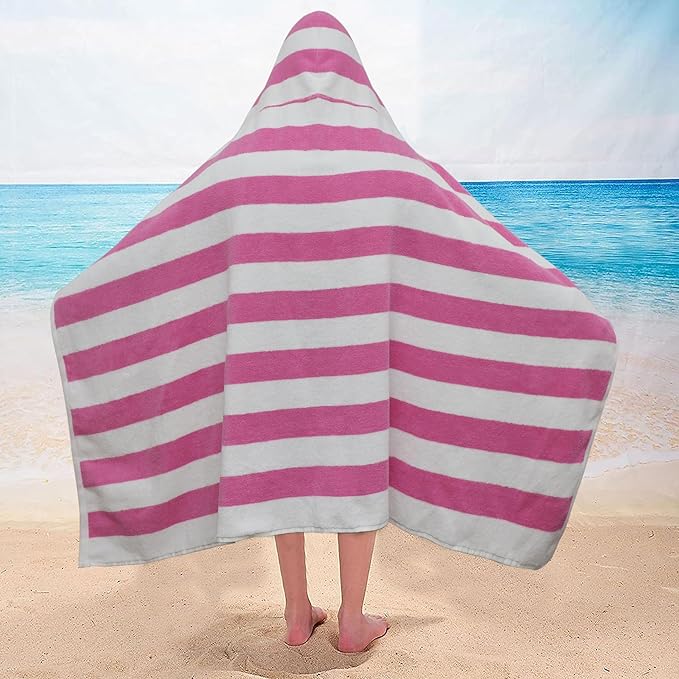 Hooded Bath Towel Wrap - 100% Cotton Terry Large Oversized Hooded Kids Towel - Toddler Shower Pool Beach Towel - Soft Plush Absorbent Quick Dry Easy Care Gift -30x60- Cabana Stripe Pink